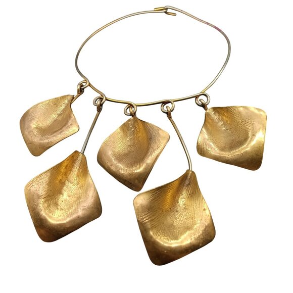 Vintage Brass Statement Necklace with Five Dangling Textured Kinetic Botanical - Picture 4 of 4